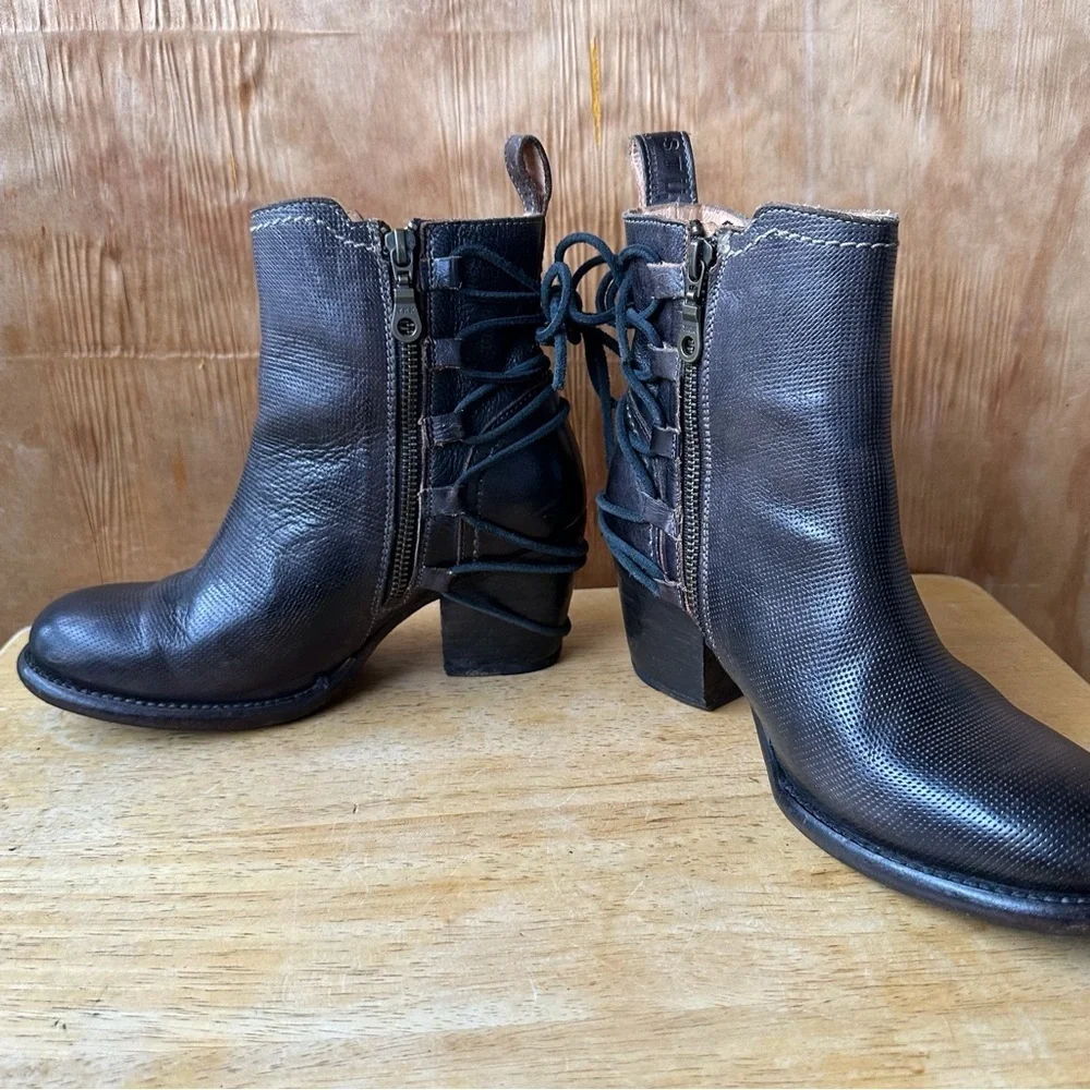 Bed Stu Blaire Heeled Black Ankle Boot Side Zip Lace Up Detail Cobbler Series